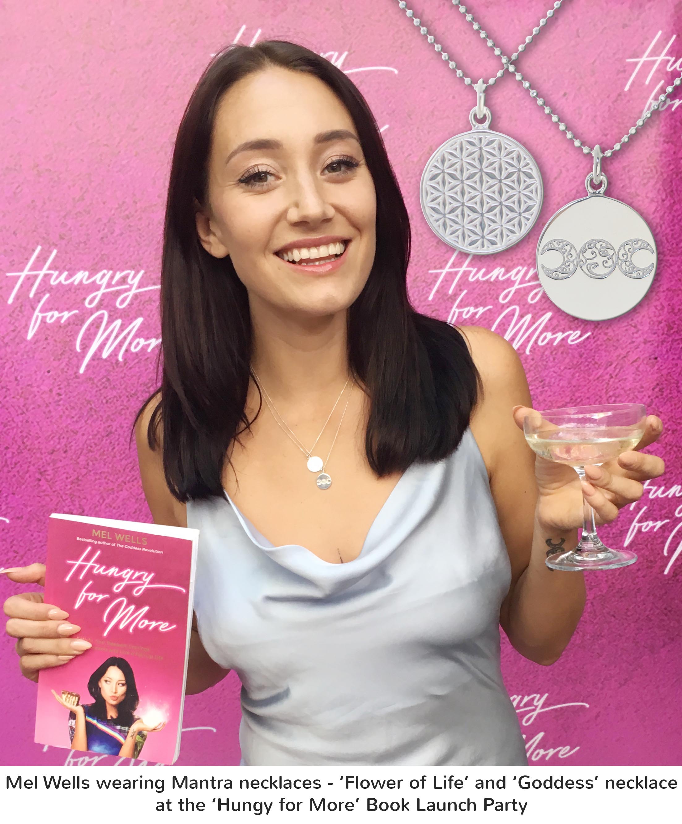 Mel Well wearing Mantra Necklaces at her Book launch party