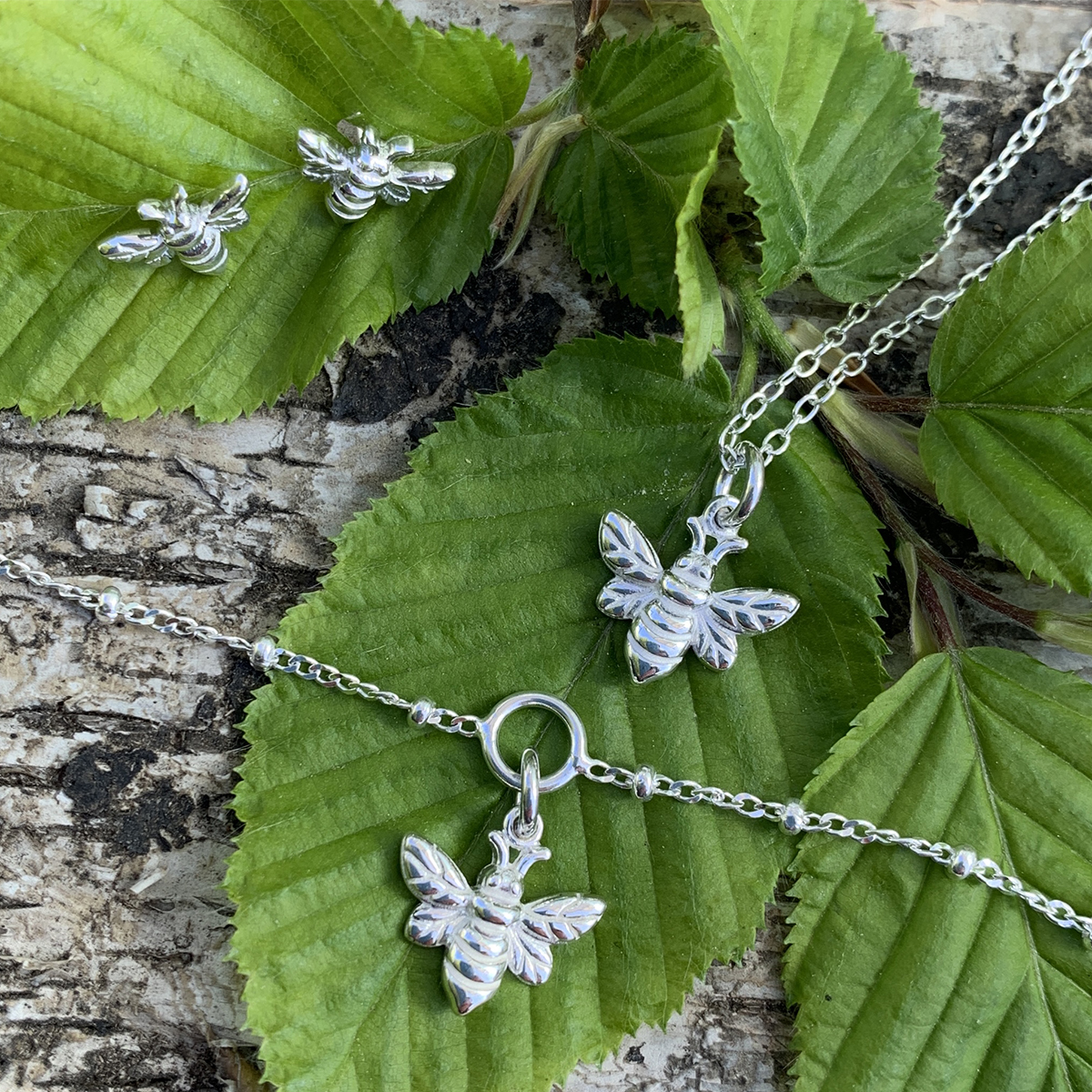 Sterling Silver Dainty Bee Necklace Bracelet Earrings Photoshoot