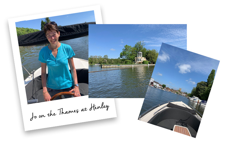 Jo on boat in Thames at Henley